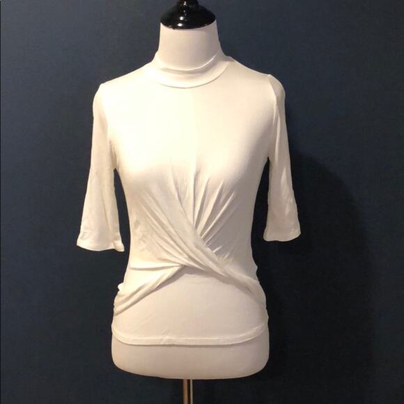 Ivory Ribbed Mock Neck Top with Front Twist Detail White Tee Size Large - Picture 3 of 5